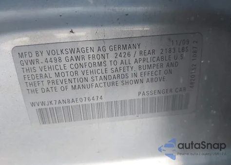 2010 Volkswagen Passat Komfort from USA, damaged, VIN WVWJK7AN8AE076474